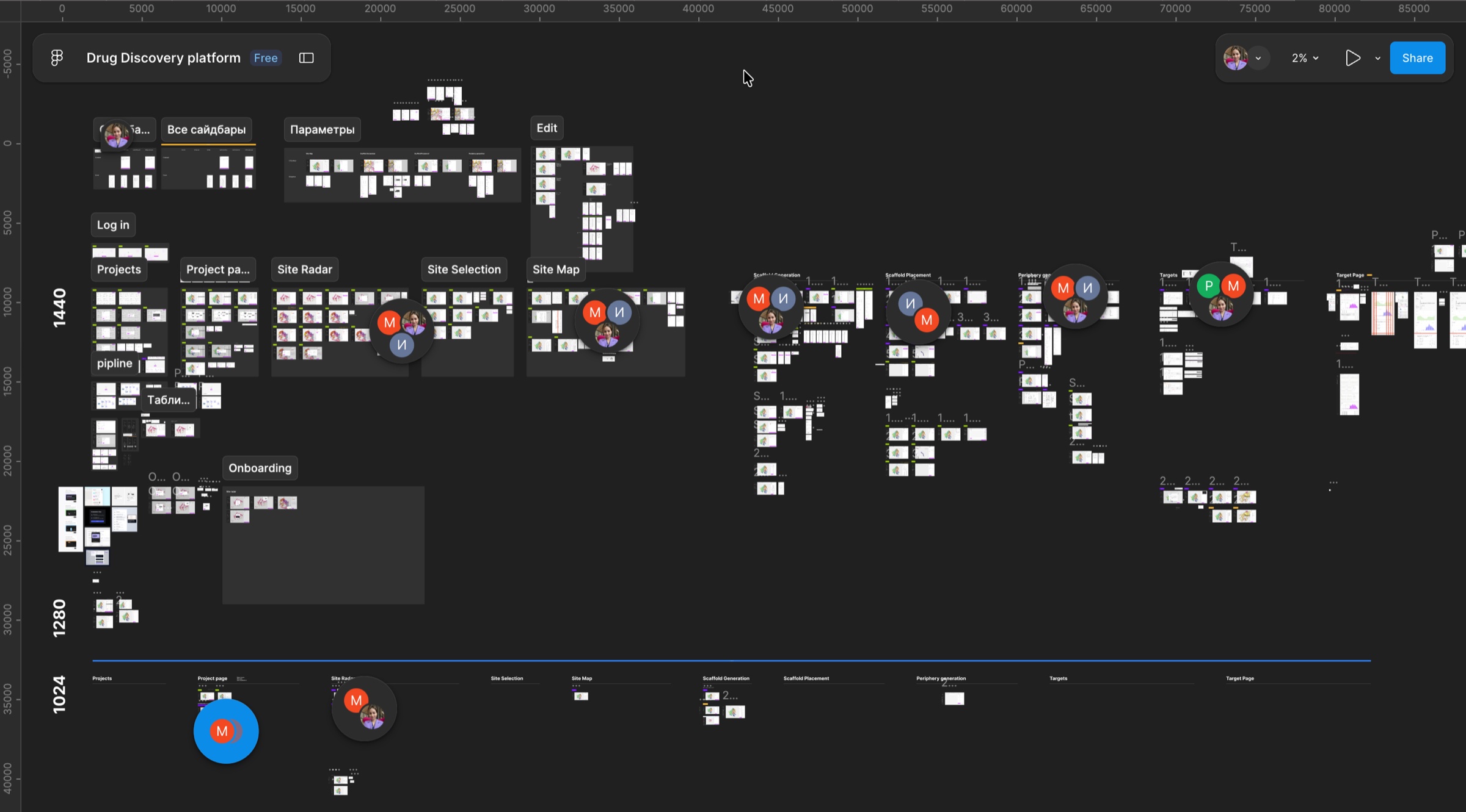Inventum.ai workspace in Figma: dozens of sections and layouts for three screen sizes