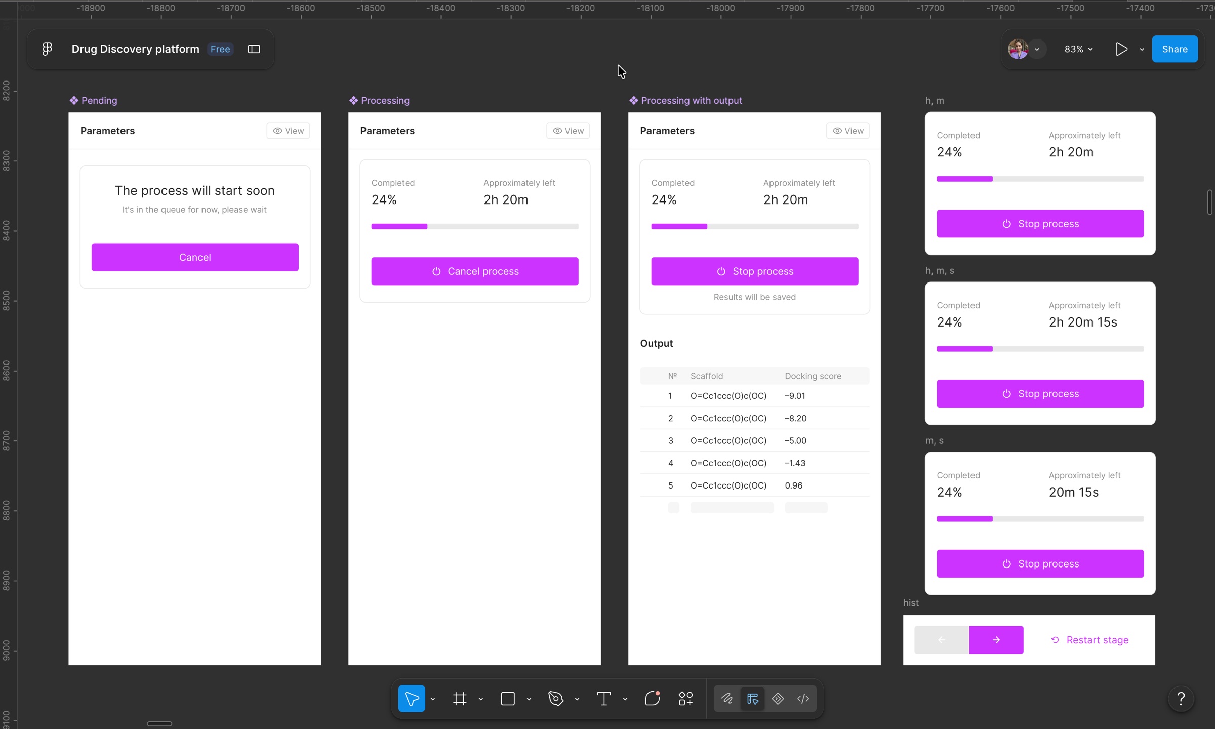 Run card states: queued, in progress, with results