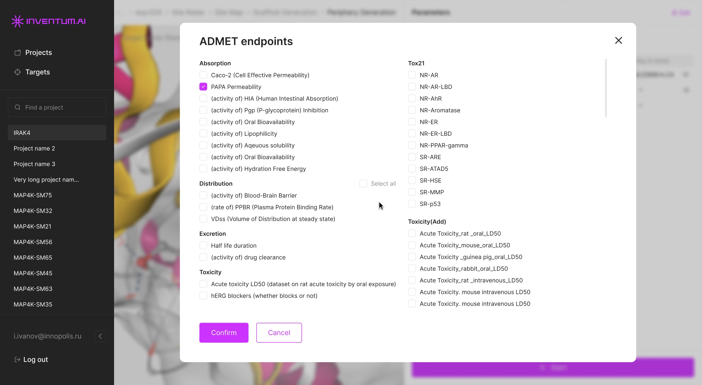 Модальное окно ADMET endpoints